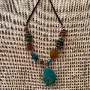 Boho Turquoise Pendant Statement Necklace - Blue & Brown